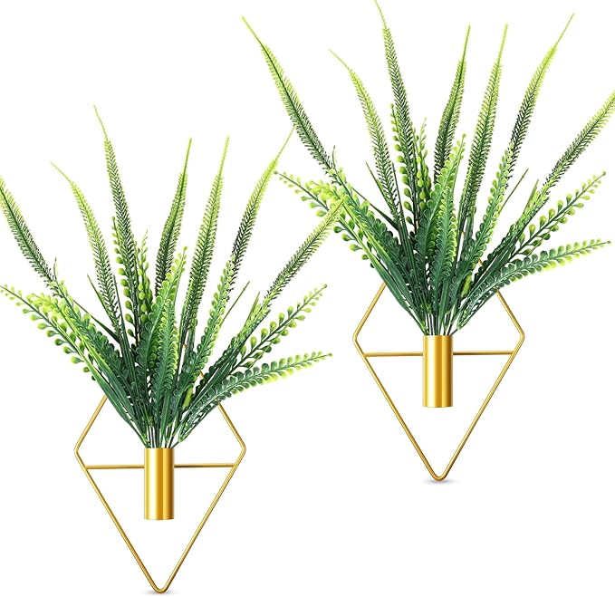 Canlierr 2 Pieces Gold Wall Decor Hanging Planters with Artificial Plants Metal Vase Indoor Plants Holder Modern Geometric Wall Art for Home Bathroom Bedroom Living Room Office(Boston Fern,Large)