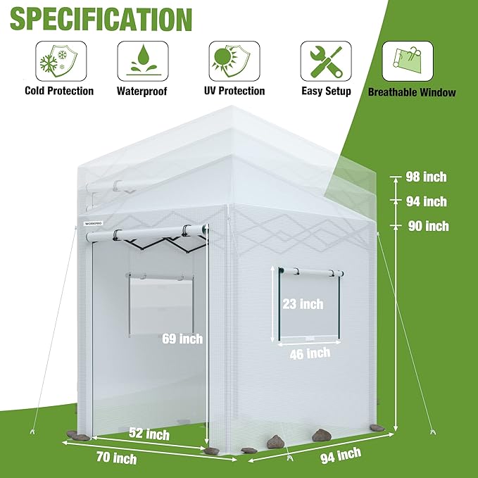 WORKPRO 8'x 6' Portable Walk-in Greenhouse, Instant Pop-up Heavy Duty Gardening Green House Canopy with Robust PE Cover, Indoor Outdoor Plant House Shed with Roll-up Entry Doors and 2 Screen Windows