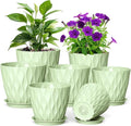 Meowell 7/6.5/6/5.5/5/4.5/4 inch Plant Pots for Indoor Outdoor Plants, 7 Pack Thick Flower Pots with Drainage Holes and Saucers, Modern Wave Texture Plastic Planter Pots for Nursery, Succulent, Green