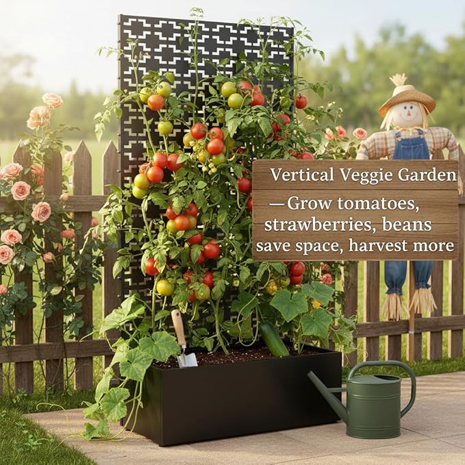 QINPTWUT Geometric Edition Privacy Screen Planter Box with Trellis, Metal Raised Garden Bed for Climbing Plants, 27 Gallon Outdoor Divider for Patio Balcony Backyard, Easy Assembly