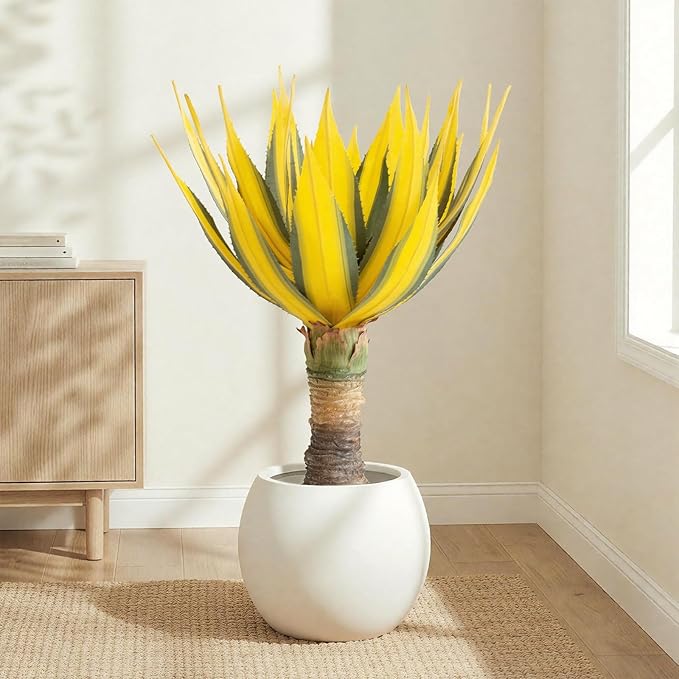 Artificial Green Edged Gold Leaf Spiny Agave Plant with 23 Leaves, 31.49in Faux Agave for Indoor & Outdoor Home Decor Perfect for Porch Living Room Bedroom, Patio & Office