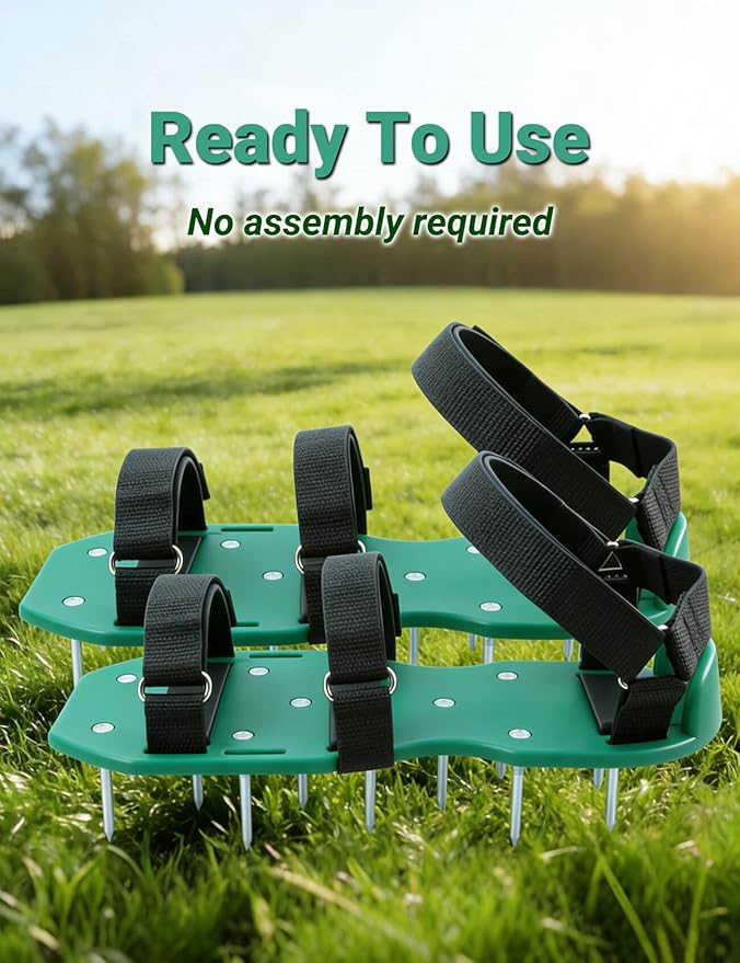 Lawn Aerator Shoes for Grass, Pre-Assembled Heavy Duty Aerator Lawn Tool with Hook and Loop Straps, One Size Fits All Spiked Shoes for Effectively Aerating Yard Garden Lawn Patio Soil, No Installation