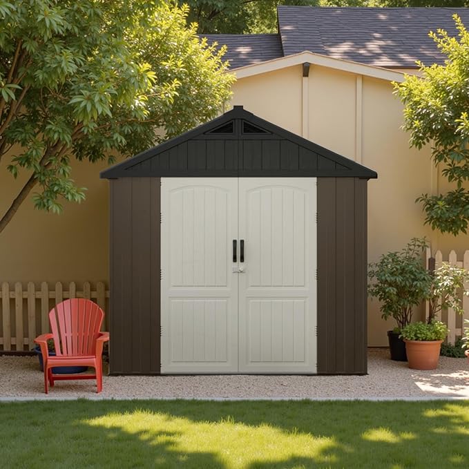 Patiowell 8 x 12 FT Plastic Outdoor Storage Shed with Floor, Resin Shed with Window and Lockable Door for Garden, Backyard, Tool Storage Use, Easy Assemble, Gray (Kick-it Shed)