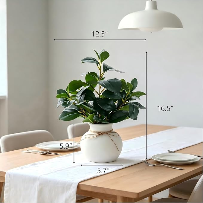 16.5'' Artificial Ficus Branch Arrangement, Real Looking Faux Plant with Glossy Green Oval Leaves, White Ceramic Vase with Rope Accent and Pebbles for Table Entryway Indoor Decor