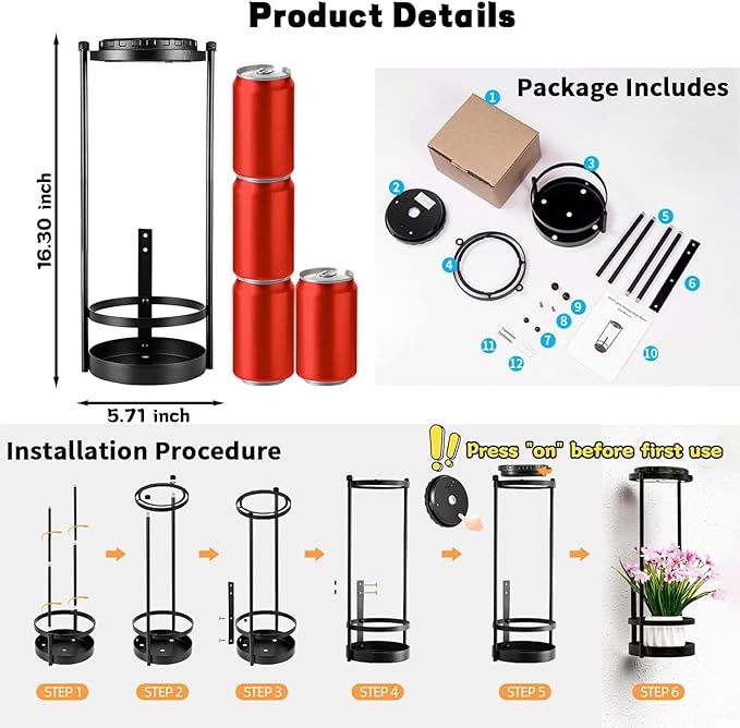 Solar Floor Lamps with Plant Stand, 3 Color Temperatures Solar Outdoor Lights, Metal Hanging Plant Holder Outdoor Wall Sconce for Garden Yard Patio Balcony (Black)