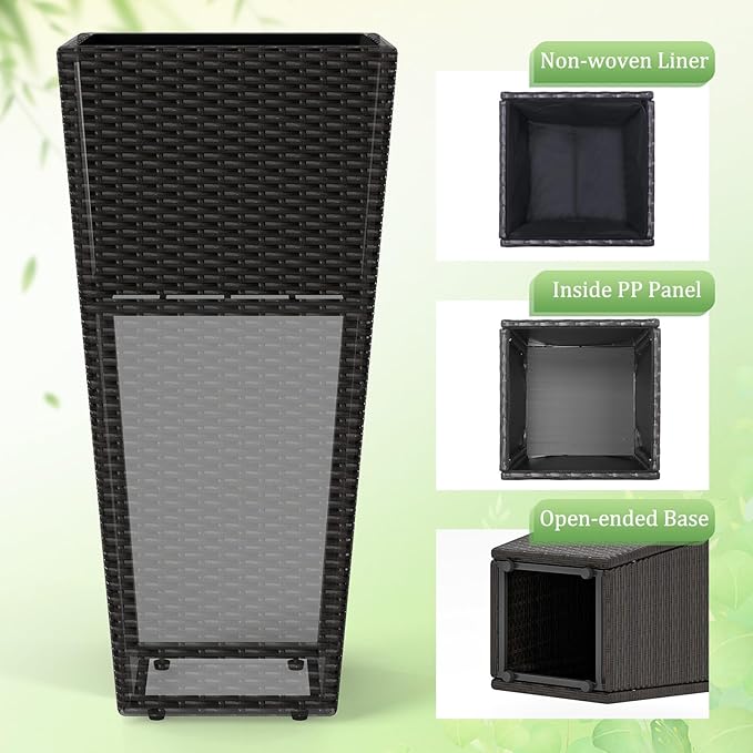 Giantex Set of 2 Outdoor Wicker Flower Pot, 30 Inch Tall Planters with Drainage System, PE Rattan Flower Pots, Indoor Outdoor Decoration for Front Porch Balcony Entryway, Dark Brown