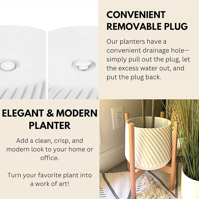 Fox & Fern Large 12 Inch Planter with Drainage Plug — Premium Polystone White Plant Pot - Modern Planter with 3D Texture and Ceramic Finish - 12 Inch Pots for Plants Indoor & Outdoor.