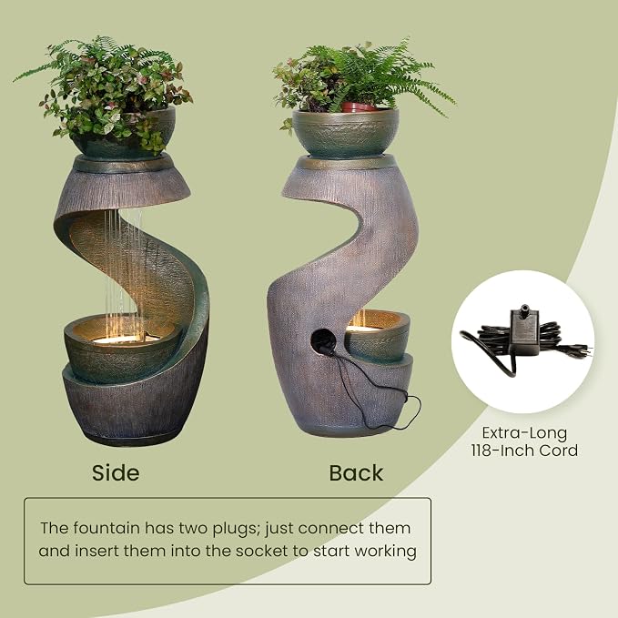 31.9" Outdoor Water Fountain with Lights – S-Shaped Water Feature Outdoor Modern Resin Waterfall Feature with Bowl Planter, Decorative Garden Fountain for Patio Balcony Porch Yard, Gold
