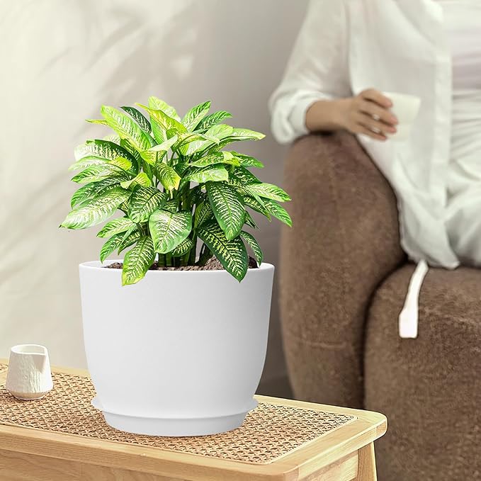 WSMKSZ 12/10/9 inch Large Plant Pots, 3 Pack Modern Decorative Plastic Planters with Drainage Holes and Saucers, Flower Pots for Indoor Outdoor Plants, White