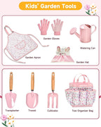 Kids Gardening Tool Set Toys - 8 Pieces Quality Garden Kit for Toddlers & Kids with Shovels, Rake, Watering Can, Hat, Apron, Gloves & Storage Bag (Pink Flower)