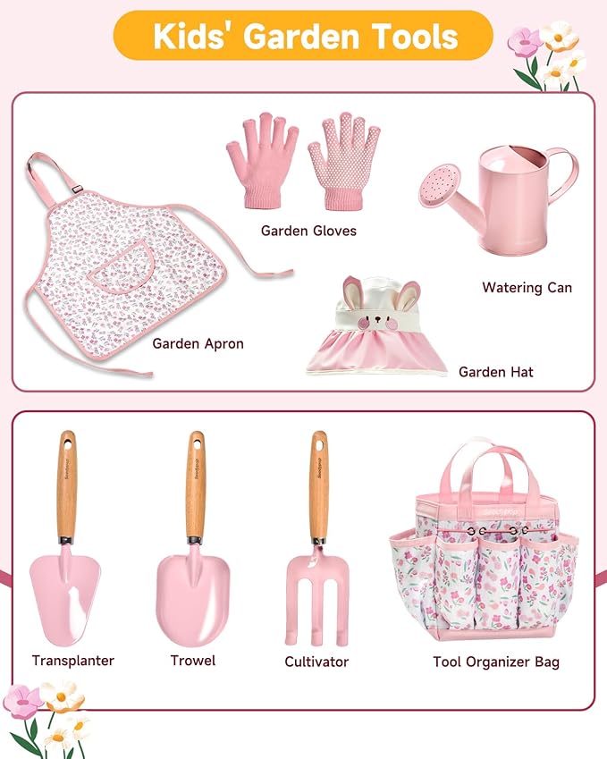 Kids Gardening Tool Set Toys - 8 Pieces Quality Garden Kit for Toddlers & Kids with Shovels, Rake, Watering Can, Hat, Apron, Gloves & Storage Bag (Pink Flower)