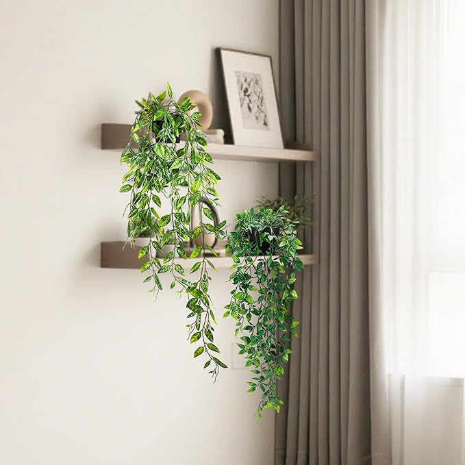 Artificial Hanging Plants, 2pcs Faux plants indoors in pots, Greenery Fake Plants Decorations, Small Artificial Plants in Pots, Fake Potted Mini Plants for Wall Home Room Office Bathroom Decor