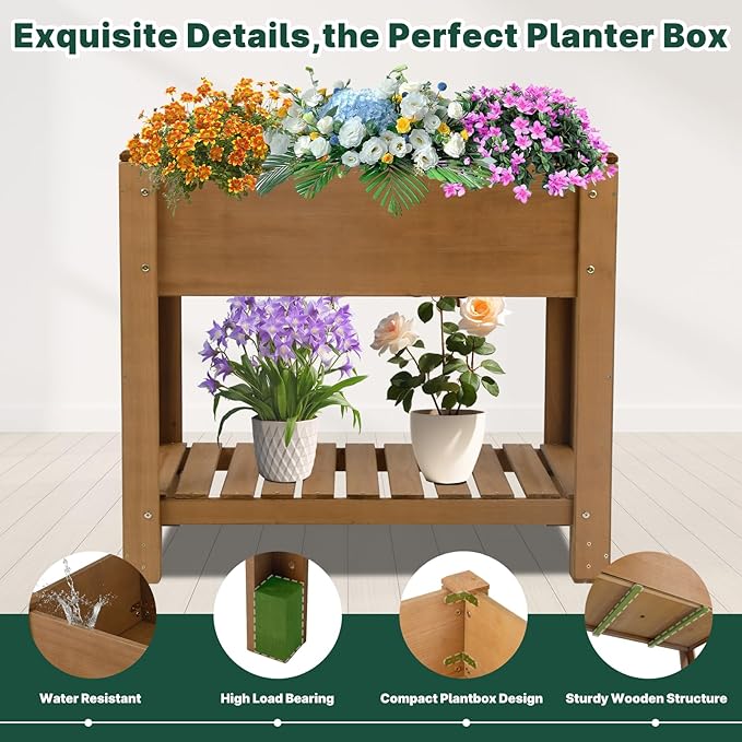 Raised Garden Bed Outdoor, Wooden Planter Boxes with Legs Protective Liner & Drainage Holes, Elevated Garden Flower Beds for Backyard Balcony, Gift for Gardening & Mother, 33.46'' X 17.9'' X 29.72''
