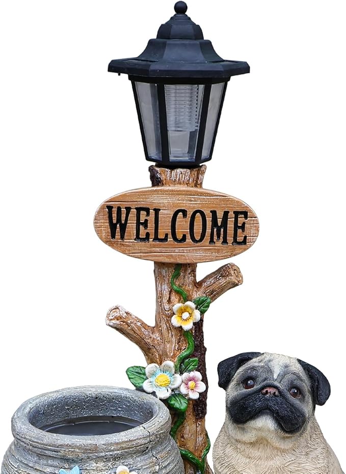 Animal Outdoor Statue Planter Solar Light Welcome Garden Sculpture Resin Flower Pot Decorative Porch Patio Yard Lawn Entryway Figurine with LED Lamp Rustic Plant Holder Ornament Courtyard (O)