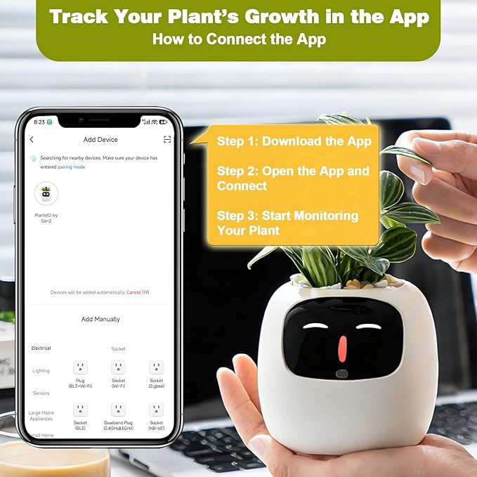 Smart Planter with App Control, Self-Watering AI Plant Pot with LCD Display, Interactive Desk Plant Companion for 100+ Plants, Smart Indoor Planter with Pomodoro Timer,80ml Reservoir,Calendar-White