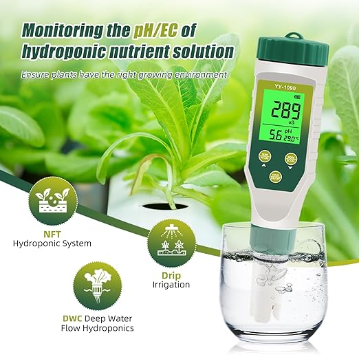 pH Meter for Water Hydroponics, 5-in-1 pH TDS EC Salt Tester for Water Nutrient Solution, Simultaneous Display of pH EC Temp for DWC Reservoir Tank, Aeroponic Garden, Growing System