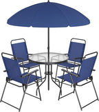Shintenchi 6 Piece Patio Dining Set with Umbrella, Outdoor Furniture Set with 4 Folding Chairs and Tempered Glass Top Dining Table fot Lawn Backyard Garden Porch Blue