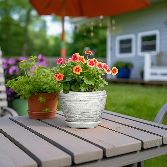 6 Inch Flower Pots - Ceramic Planters for Indoor Outdoor Plants, Ceramic Plant Pots with Drainage Hole and Saucer, Modern Round Plant Pot, Desk Decor, Gifts for Gardener, Textured Grey