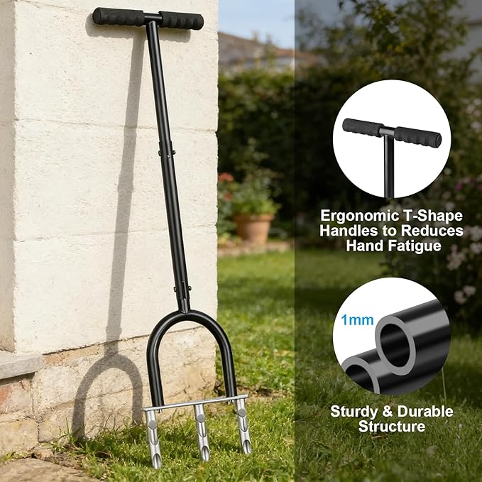 Manual Lawn Aerator Tool, Hollow Tines Plug Lawn Core Aerator, Heavy Duty Hand Soil Aerator Tool with Adjustable Handle, Grass Aeration Garden Tools for Lawn Care, Compacted Soil, Yard