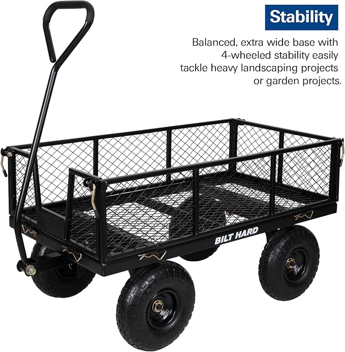 BILT HARD Heavy Duty 880 Lbs Capacity Mesh Steel Garden Cart, 4 Cu.Ft Heavy Duty Garden Cart with 180° Rotating Handle, Removable Sides, All Terrain Wheels, Capacity Utility Steel Wagons for Yard