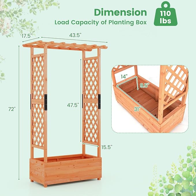 LDAILY Raised Garden Bed with Trellis, Above Ground Garden Bed with Hanging Roof, Side Trellis, & 4 Drainage Holes, Planter Box for Outdoor Climbing Plants Vines Flowers (2, 43.5"L x 17.5"W x 72"H)