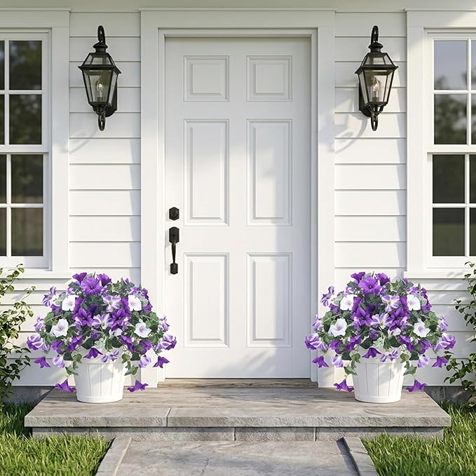 CEWOR 4pcs Artificial Flowers Plants for Outdoor Indoor, Fake Silk Flowers UV Resistant Faux Petunias Flower for Garden Front Door Porch Planter Patio Home Decor (Purple White)