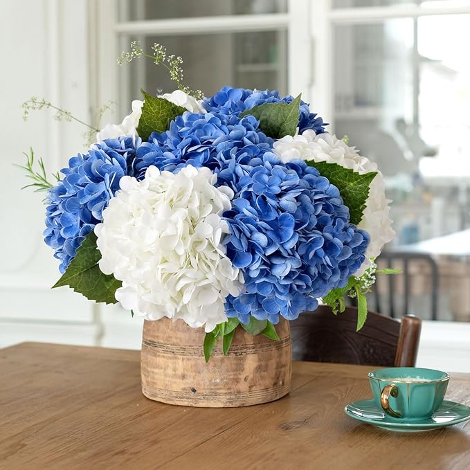 ZYTUYO 3 PCS Dark Blue Hydrangea Real Touch Artificial Flowers 21'' Latex Large Hydrangea with Long Stems for Wedding Table Centerpieces Indoor Kitchen Spring Home Decor Outdoor Porch