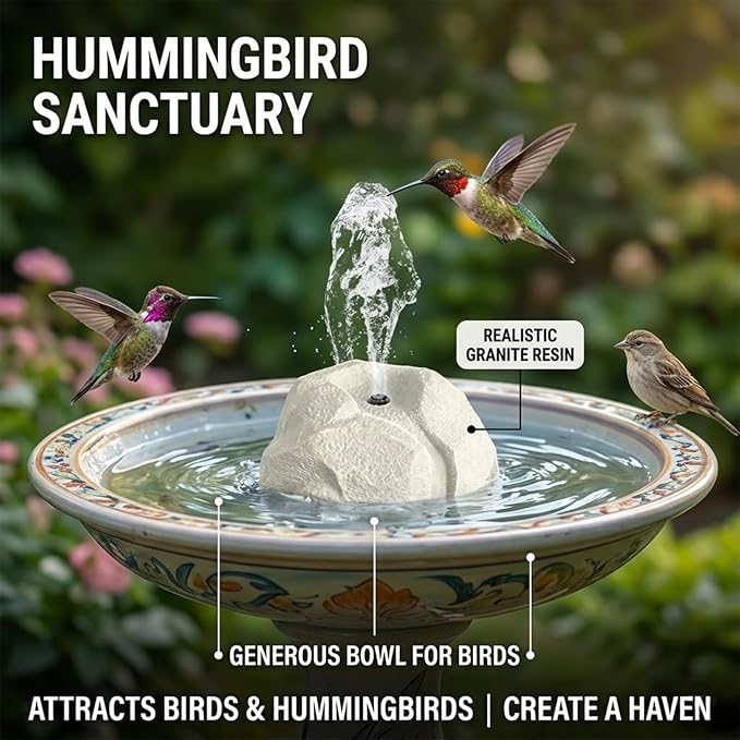 Solar Bird Bath Fountain Pump, Realistic Granite Rock Bubbler for Bird Bath, Bubbling Rock Fountain Kit with Solar Panel, Outdoor Solar Water Bubbler Fountain for Hummingbirds Garden (Natural Grey)
