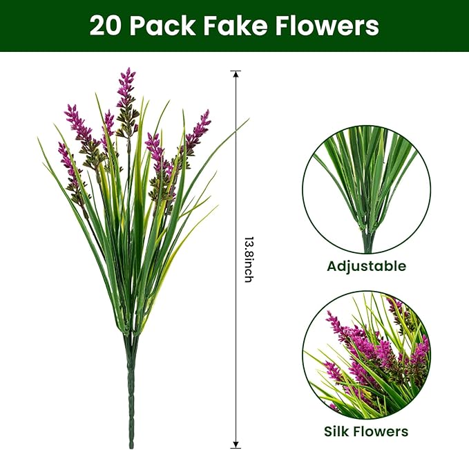 20 Bundles Artificial Plants Outdoor, UV Resistant Fake Flowers， Realistic Faux Lavender Shrubs for Porch Garden Window Box Home Decoration (Rosy)