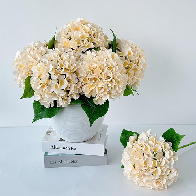 ZYTUYO 5 Pcs Champagne Silk Hydrangeas Artificial Flower Boho Dried Touch Hydrangeas 20'' Faux for Fall Home Decor Kitchen Living Room Porch Wreath Xmas Wedding Flower Arrangement