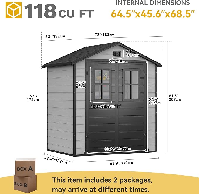 DWVO Outdoor Storage Shed 6x4.4 FT Plastic Garden Tool Shed with 2 Windows, Double-Wall Outside Shed for Lawn Mower, Garden Tool for Backyard, Lawn, Patio
