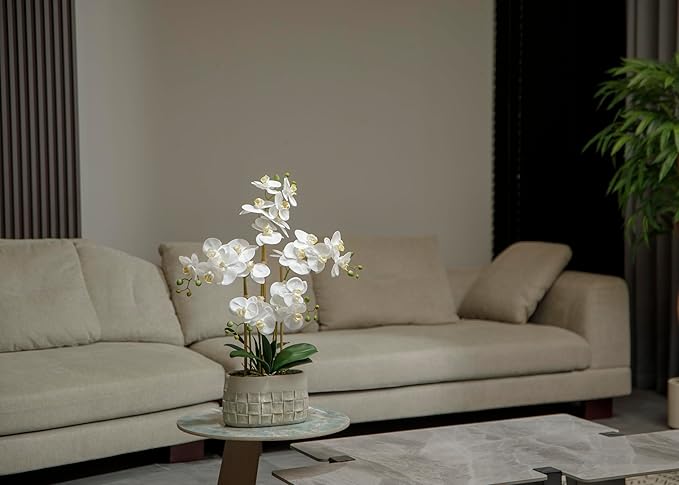 27" White Orchid Arrangement in a Grey Stonelike Planter | Real Touch White Moth Orchids in a Grey Planter by Fiori Sempre