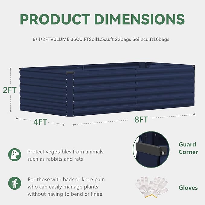 FOOWIN 2pcs 8x4x2ft Galvanized Raised Garden Bed, Planter Raised Garden Boxes Outdoor, Large Metal Raised Beds for Gardening, Garden Bed for Vegetables, Flowers, Herb, Royal Blue