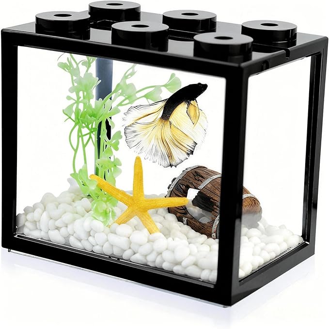Small Betta Fish Tank, Stackable Mini Fish Tank Tiny Aquarium Kit with Aquarium Gravel & Resin Decorations, 0.6 Gallon Cube Desktop Fishbowl for Snails, Crabs, Starfish (Black)