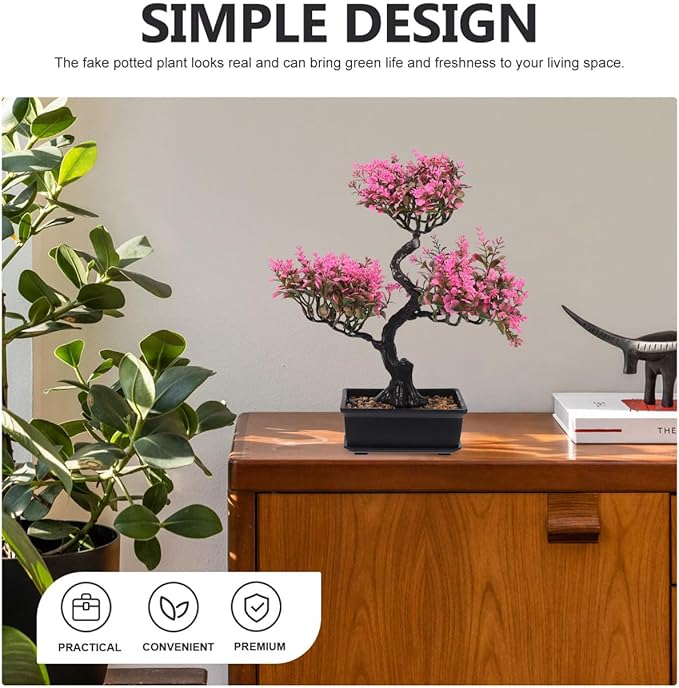 Artificial Bonsai Tree, Fake Potted Bonsai Plants Decoration, Simulation Faux Plants Decor, Desktop Realistic Welcoming Pine Ornament for Home Office Entryway Chests Decor, Pink