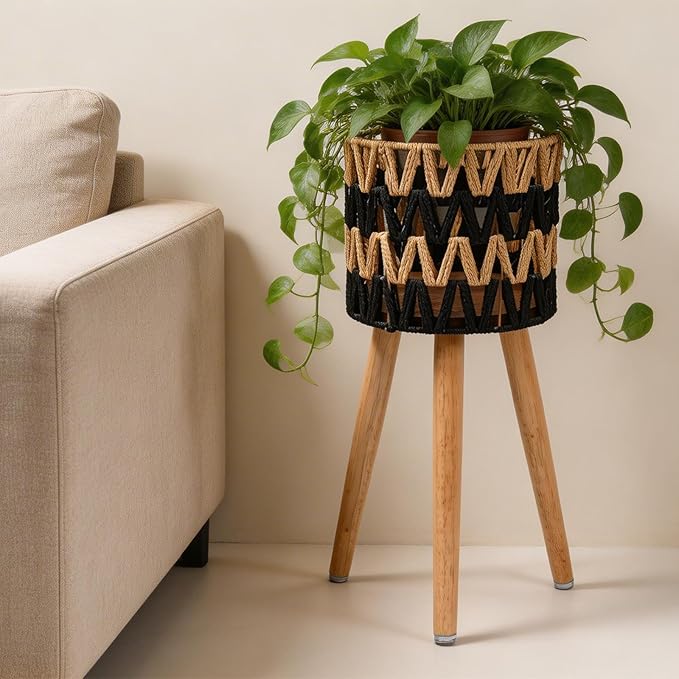 KGPLOME Single Indoor Plant Stand with Planter Pot,10 inch Bohemian Wood Planter Holder for Living Room Bedroom Decor Modern Home Decor (1, Beige Black)