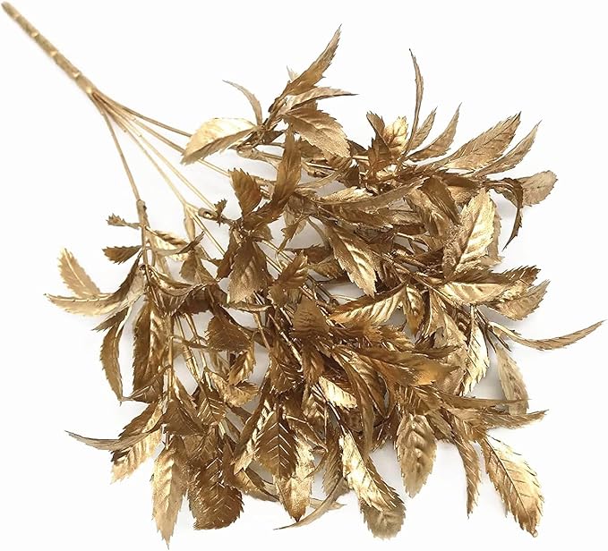 PASYOU Artificial Golden Plants Decor, Plastic Grass Fake Shrubs Simulation Leaves for Indoor Outdoor Home Garden Planter Filler Party Verandah Wedding Faux DIY Decoration - Gold 6 Pack