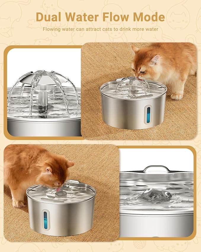 Stainless Steel Cat Water Fountain - 108oz/3.2l Metal Pet Water Bowl Dispenser with Quiet Pump - Automatic Water Fountains for Dog/Cats Drinking - Pets Waterer Indoor with Replacement Filters