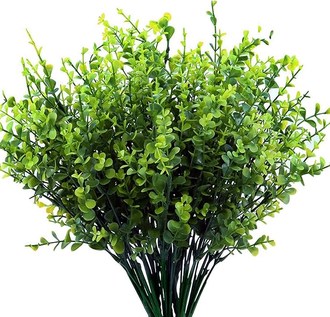 PASYOU Artificial Shrubs, Plastic Plants Fake Eucalyptus Shrub Bushes Grass Greenery Leaves Bush Indoor Outdoor Home Garden Party Verandah Wedding DIY Table Arrangement Decoration Planter Filler 4 Pcs