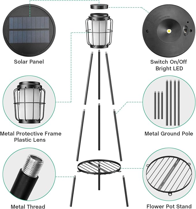 2-in-1 Solar Lights Outdoor with Plant Stand, Waterproof Solar Floor Lamp & Tall Metal Planter Holder for Outside, Decorative Tripod Pathway Lantern for Patio, Garden, Porch, Yard Decor (2 Pack)