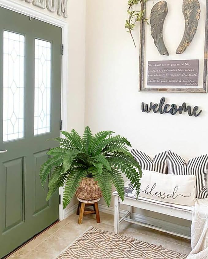 Hollyone 2Pcs Fake Fern Potted Plant Artificial Boston Ferns in Pot 35 Leaves for Outdoors & Indoor Faux Fern Bush Plant 20inch for Patio Garden Farmhouse Windowsill Office Living Room Home Decor