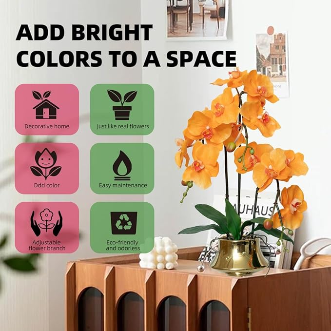 CXGS Orchids Artificial Flowers Realistic Fake Flowers in Ceramic Vase 20" Orange Faux Plants Indoor Lifelike Soft PU Phalaenopsis for Centerpiece Hotel Home Decor