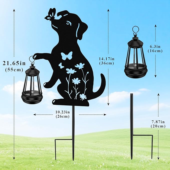 Mothers Day Gifts, Solar Garden Decor Lights,Outdoor Metal Dog Statues with Lantern, Waterproof Solar Lights for Yard Patio Lawn Pathway Art Decoration, Unique Gardening Gifts for Women Mom Dog Lovers