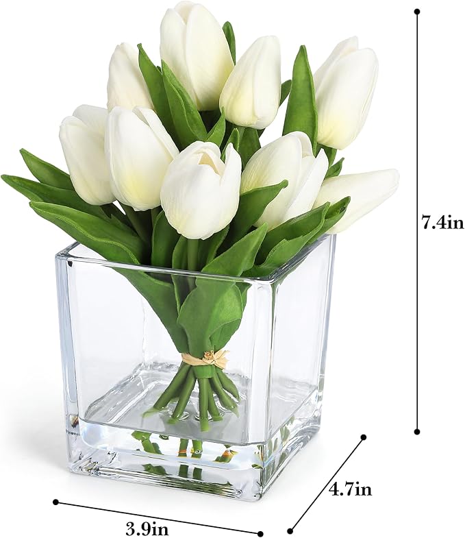 GarveeLife 12 Pcs Artificial Tulips Flowers, Real Touch Faux Tulip Stems for Vase, Home Kitchen Wedding Dining Table Decorations, Ideal Gift for Mother's Day, Easter, Valentine's Day (White)