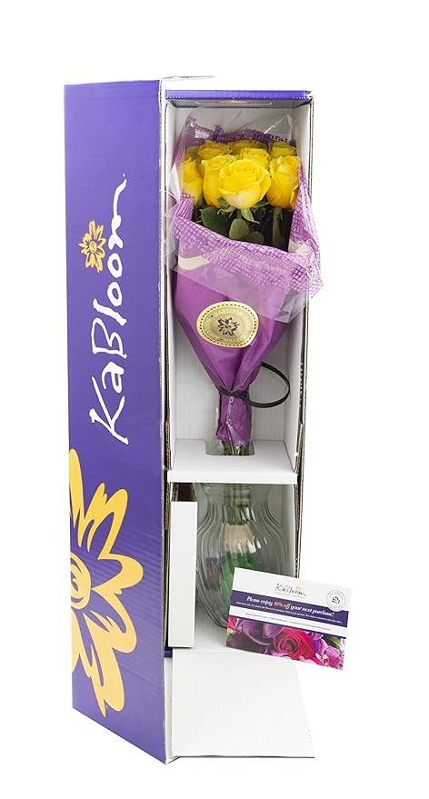 KaBloom - Bouquet of 18 Fresh Yellow Roses (Farm-Fresh, Long-Stem) with Vase - Fresh Flowers for Birthday, Valentine's & Mother's Day