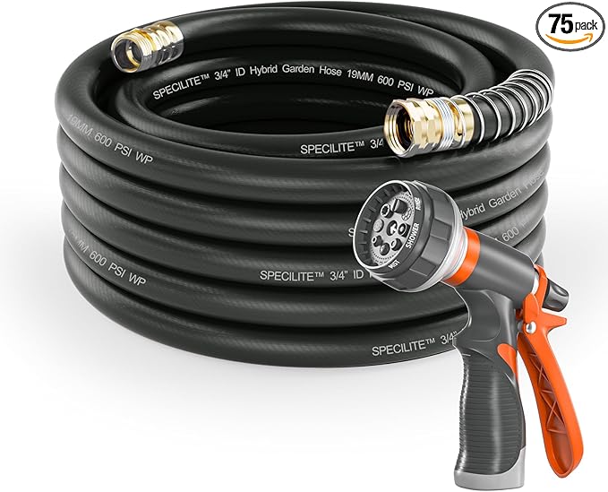 SPECILITE Garden Water Hose 75 ft x 3/4 in Heavy Duty, Flexible and Lightweight, Burst 600 psi, Kink-less Hybrid Rubber Pipe for Backyard, 3/4'' Brass Fittings, Black