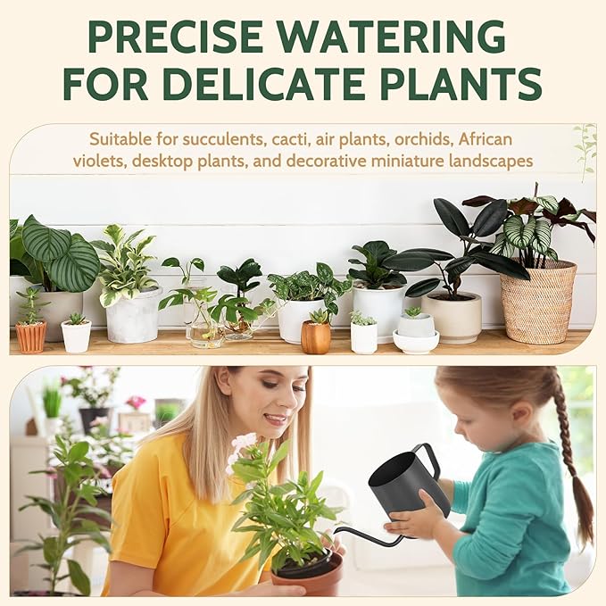 Small Watering Can Indoor Plants - 12 oz Mini Metal Watering Can with Long Spout Rust-Proof Stainless Steel Tiny Watering Pot for Small Indoor Plants Home & Office Black