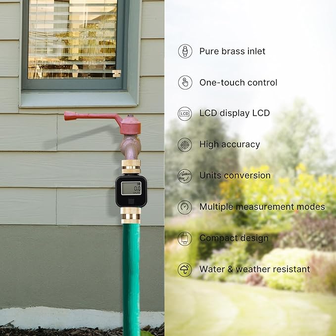 MOES Water Flow Meter with Brass Inlet Metal Thread, Measure Gallon/Liter Consumption and Flow Rate for RV Water Tank Filling, Outdoor Garden Hose Watering, Lawn Sprinkler and Nozzle Sprayer, 2 Pack