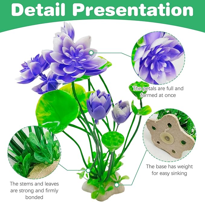 Hamiledyi 2 Pcs Artificial Lotus Flowers with Small Artificial Seaweed Plants Fish Tank Plastic Plants Decorations Purple and White-Purple Blossoms Artificial Water Plants Perfect for Aquarium Decor
