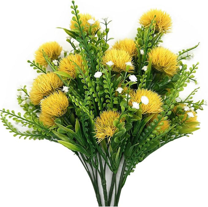 Artificial Dandelion Flowers Fake Plants Plastic Greenery Simulated Faux Flower for Outdoor Indoor Home Decor Garden Bathroom Office Party Wedding Bouquet Vase Planter Filler Decoration Yellow 4 Pack